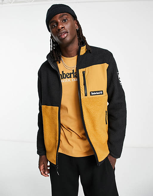 Timberland Outdoor Archive sherpa fleece jacket in black and tan | ASOS