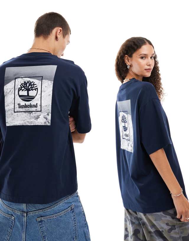 Timberland - oversized mountain print t-shirt in navy blue - exclusive to asos