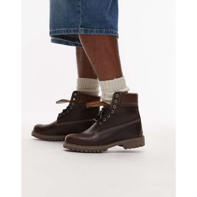 Timberland premium inch boots in mid brown leather with woven