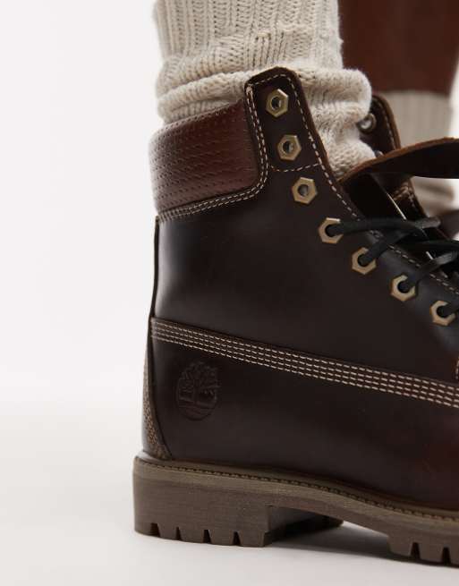 Timberland premium inch boots in mid brown leather with woven