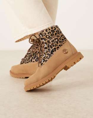 Timberland Premium 6 Inch Lace Up Boots With Leopard Detail In Neutral