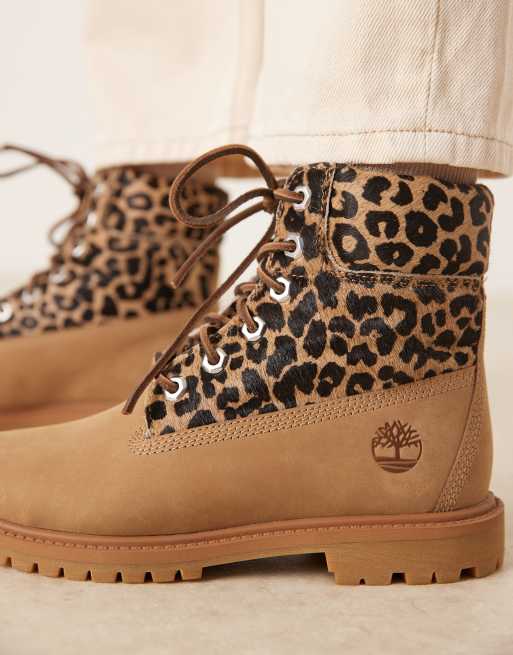 Timberland Premium 6 inch lace up boots with leopard detail in beige, 4 of 4