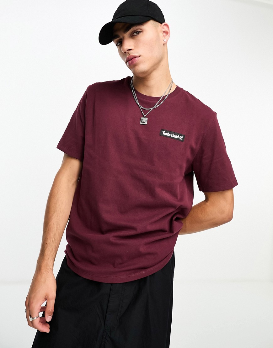 Timberland premium heavy weight t-shirt with woven badge logo in burgundy-Red