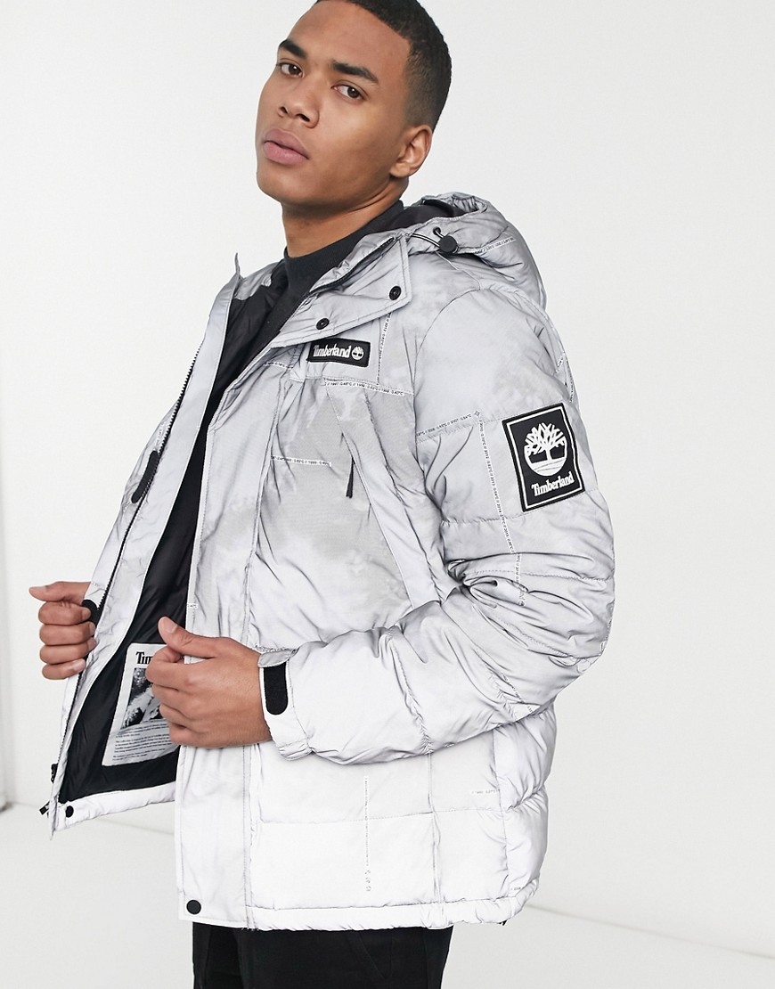 Timberland reflective weather print warmest puffer jacket in silver grey