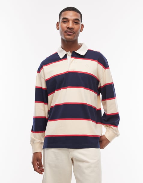 Timberland rugby-poloskjorte med kontraststriber i creme og navy - view 1