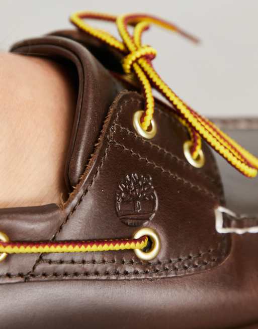 Timberland - Scarpe da barca classiche in pelle pieno fiore marrone scuro con 2 paia di occhielli, 3 di 4