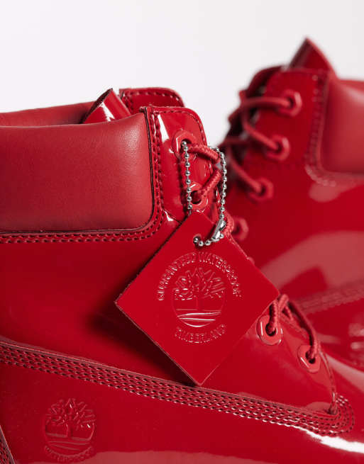 Timberland - Scarponcini impermeabili stringati da 6 pollici in pelle verniciata rosso medio, 3 di 4