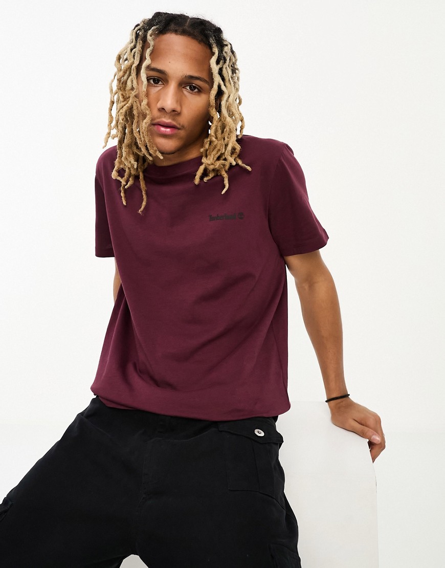 Timberland small script logo t-shirt in burgundy-Red