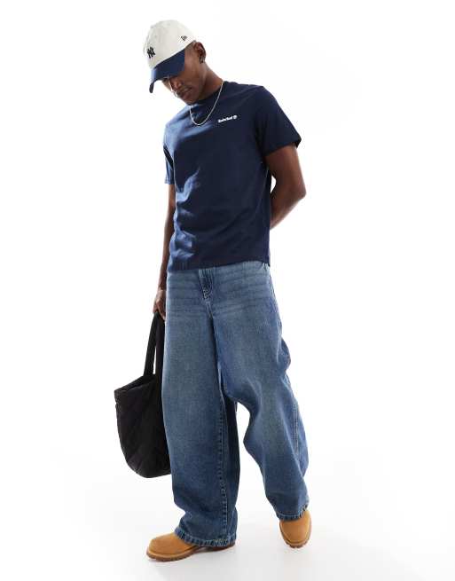 Timberland small script logo t-shirt in navy, 2 of 4