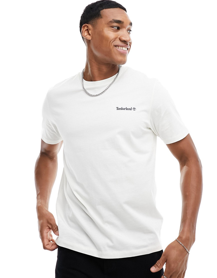Timberland small script logo t-shirt in off white