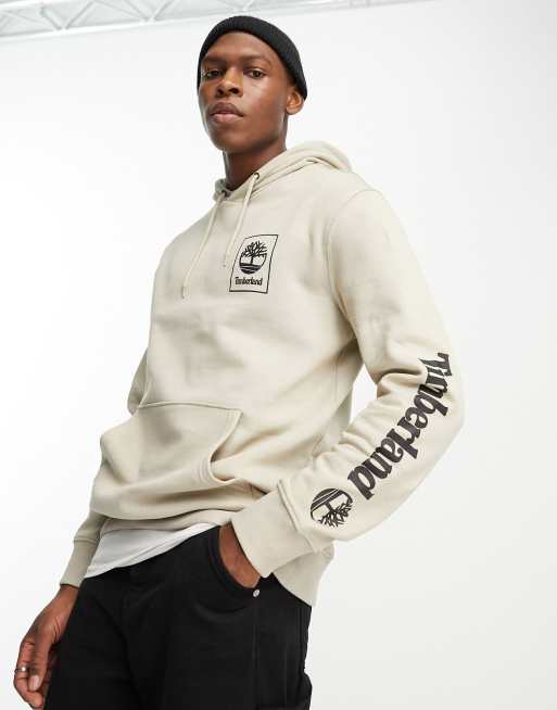 Timberland Stack logo hoodie in cream ASOS