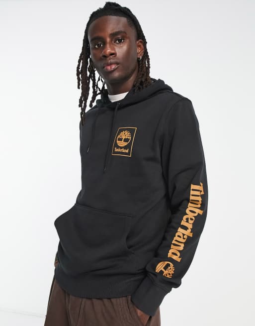 Timberland stack logo hoodie with sleeve print in black