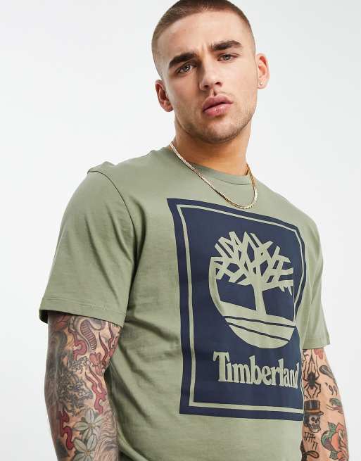 Timberland – Stack – T-Shirt in Grün mit Logo 