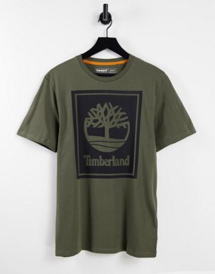 Timberland – Stack – T-Shirt in Khaki mit Logo-Grün