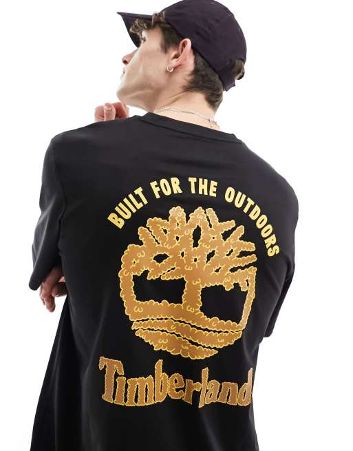 Timberland – Stack – T-Shirt in Schwarz mit großem Logo-Rückenprint