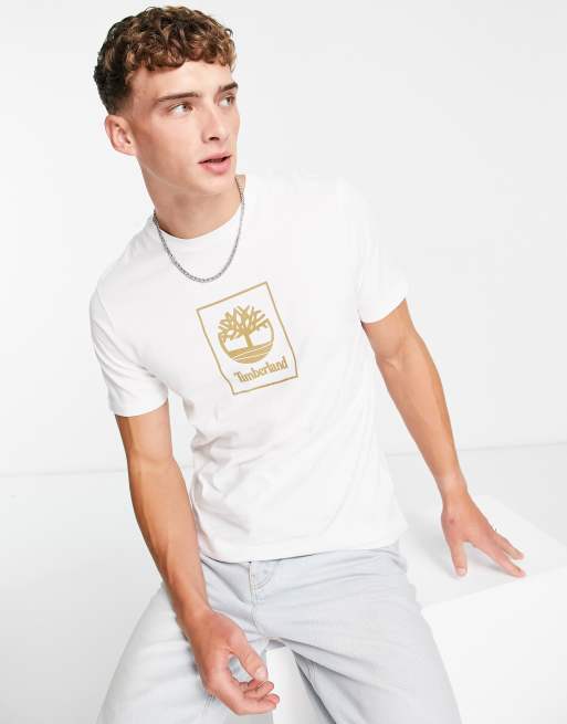 Timberland – Stack – T-Shirt mit Logoprint in Weiß