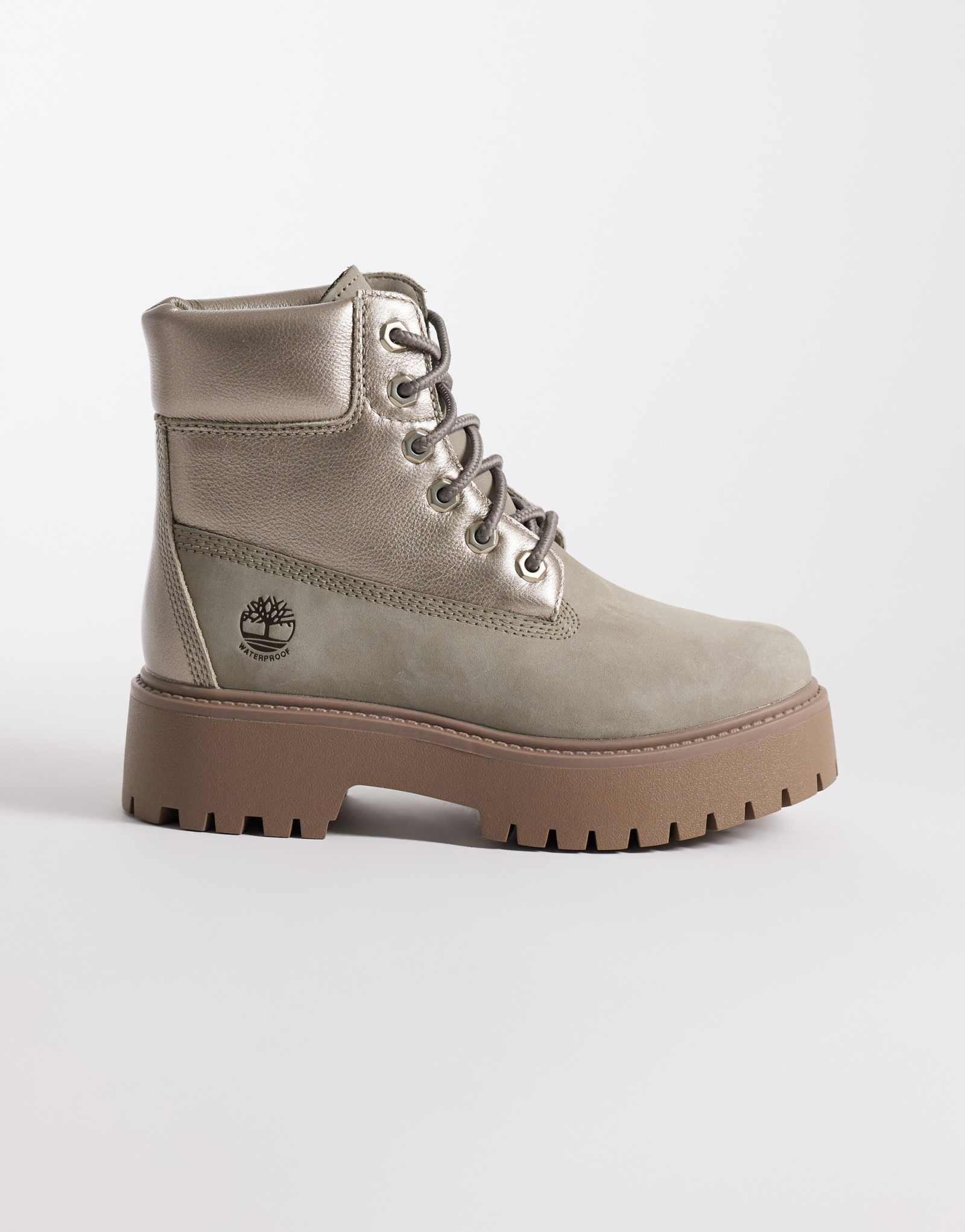 Водонепроницаемые ботинки Timberland Stone Street на 6-дюймовой платформе со шнуровкой серого цвета.