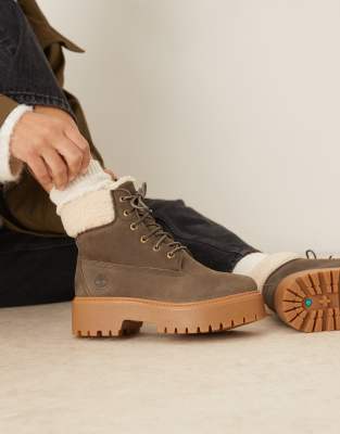  Stone Street 6 Inch platform borg lined boot in dark brown leather