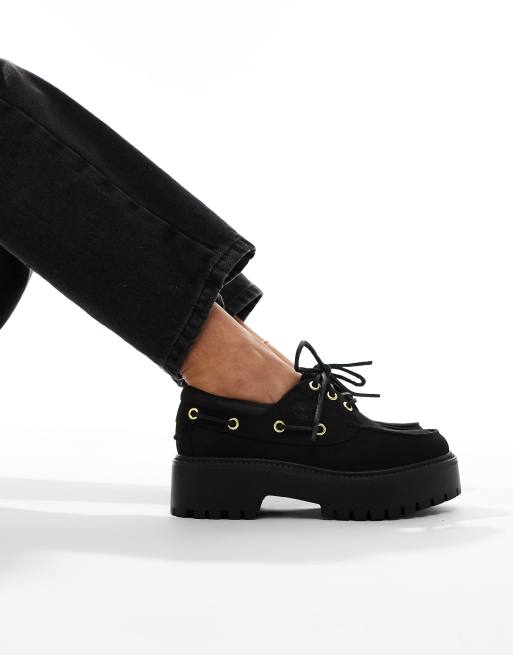 Timberland – Stone Street – Czarne klasyczne buty żeglarskie ze skóry z 3 oczkami na grubej podeszwie
