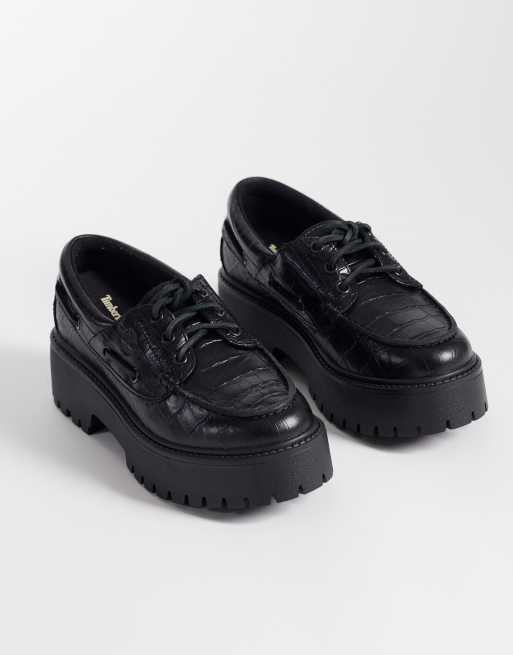 Timberland Stone Street platform scarpe da barca a 3 occhielli nere in pelle pieno fiore, 3 di 4
