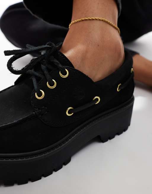 Timberland - Stone Street - Scarpe da barca classiche rialzate in pelle nere con 3 paia di occhielli, 4 di 4