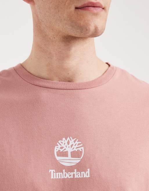 Timberland - T-shirt a maniche corte rosa cenere con stampa del logo, 4 di 5