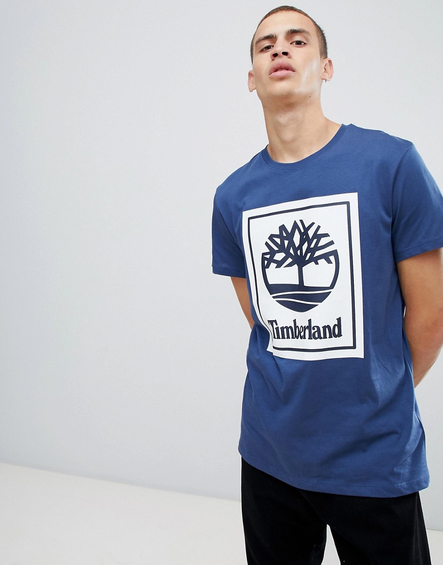 Timberland - T-shirt blu scuro con stampa quadrata del logo
