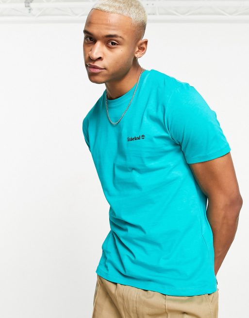 Timberland – T-Shirt in Blau mit kleinem Logoschriftzug