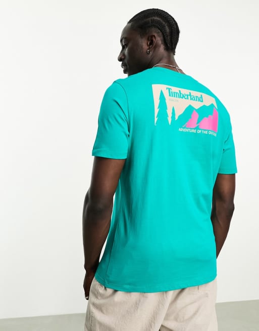 Timberland – T-Shirt in Blaugrün mit Berg-Print auf dem Rücken