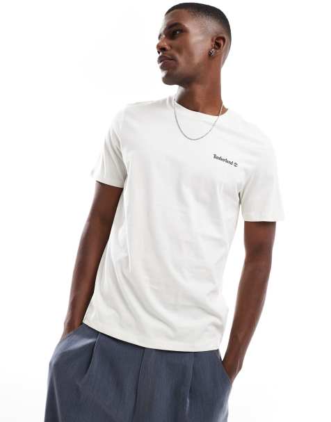 Timberland - T-shirt met klein geschreven logo in gebroken wit - view 1