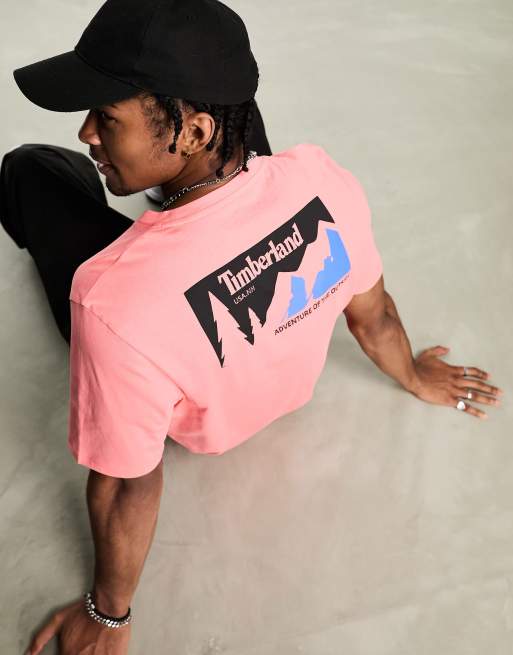 Timberland - T-shirt met print van berglandschap op de rug in lichtroze