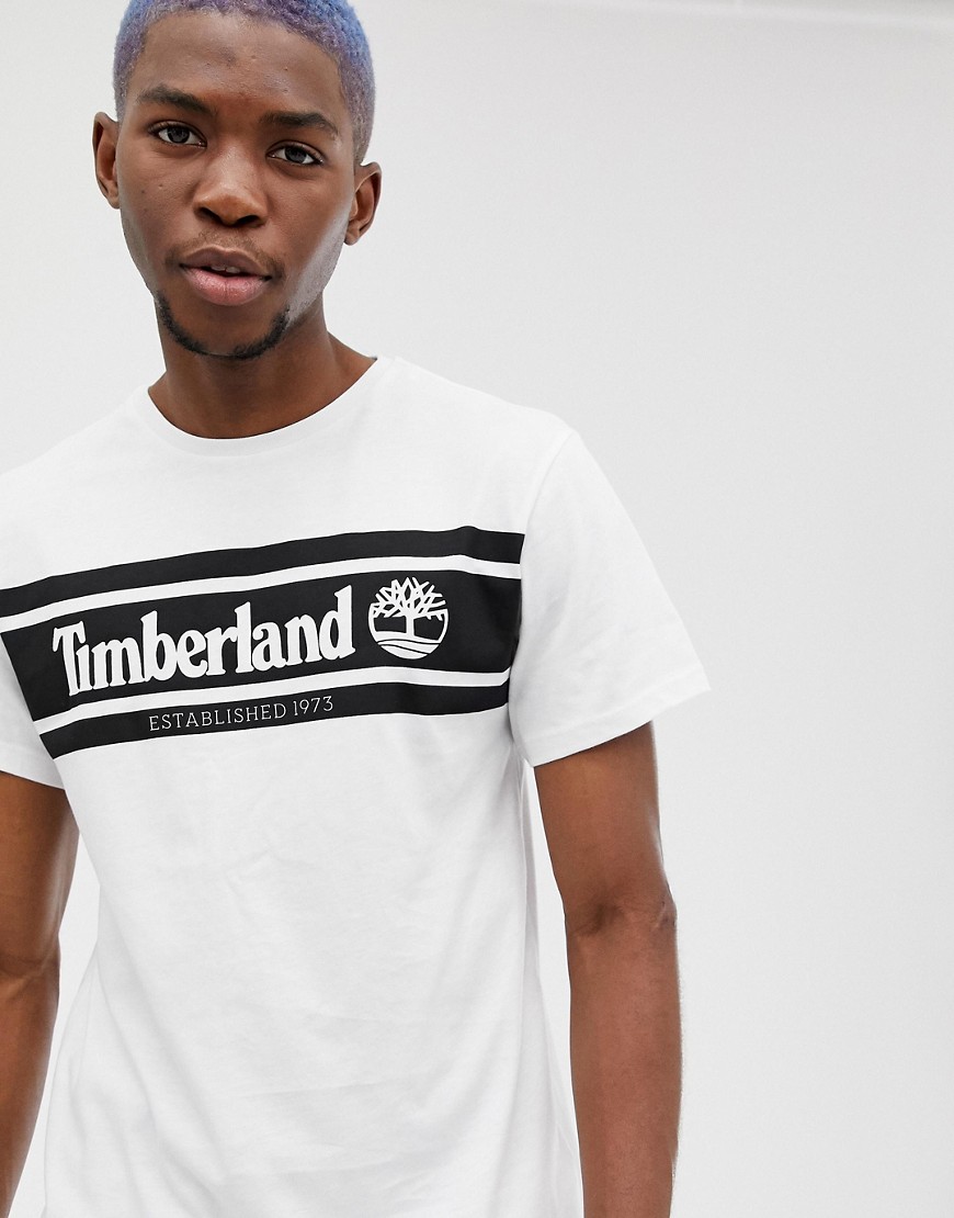 Timberland - T-shirt slim bianca con logo a righe sul petto-Bianco