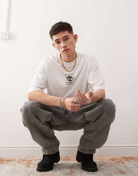 Timberland – Vit t-shirt i oversize med bergstryck - endast hos ASOS - view 1