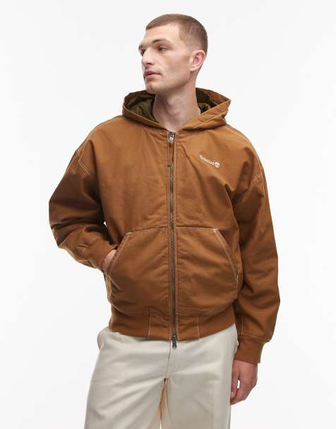 Timberland washed heavy canvas hooded bomber jacket in dark beige - view 1