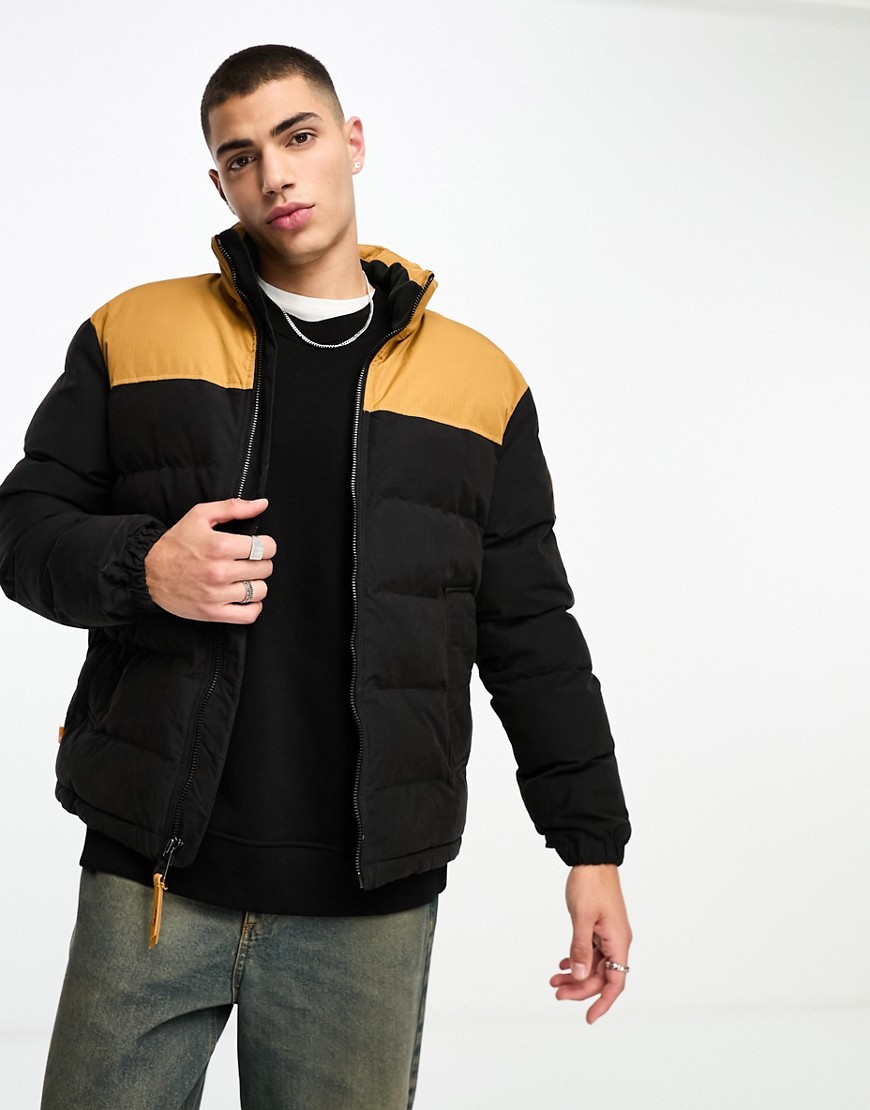 Timberland welch mountain puffer jacket in black with wheat yolk detailing