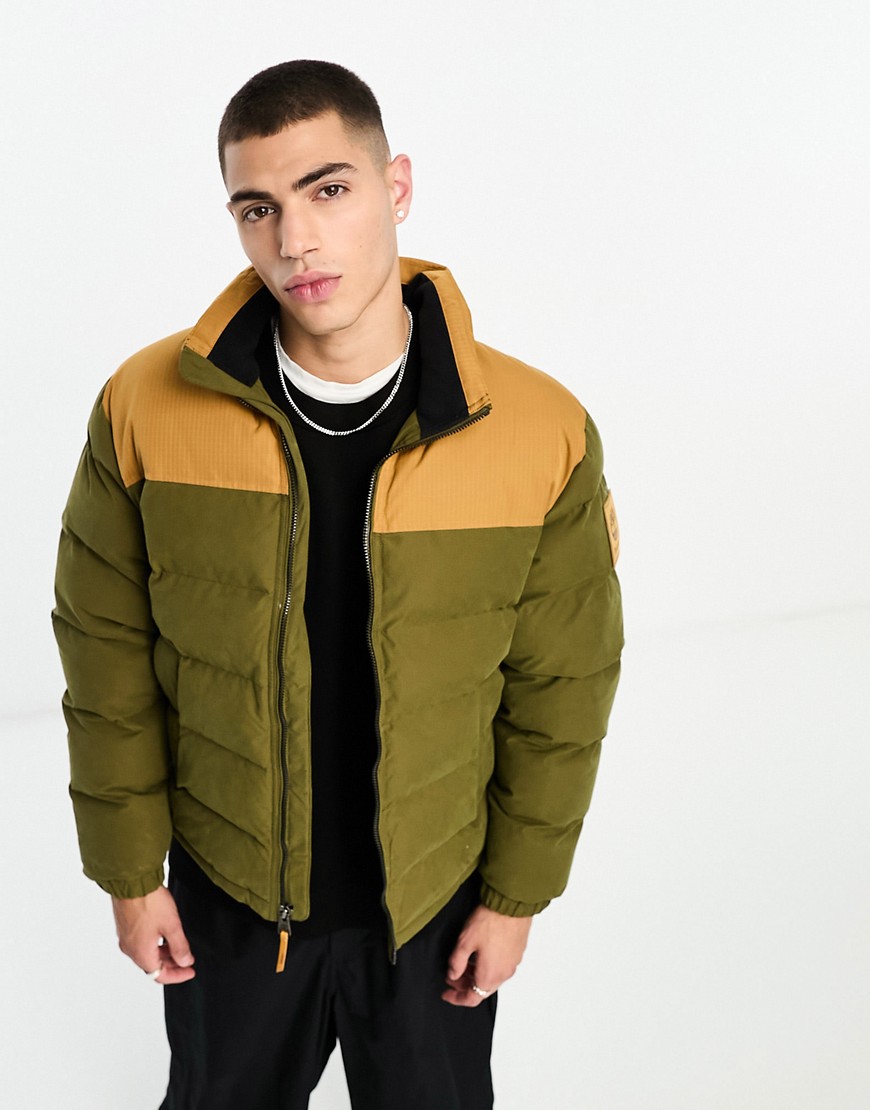 Timberland welch mountain puffer jacket in green with wheat yolk detailing