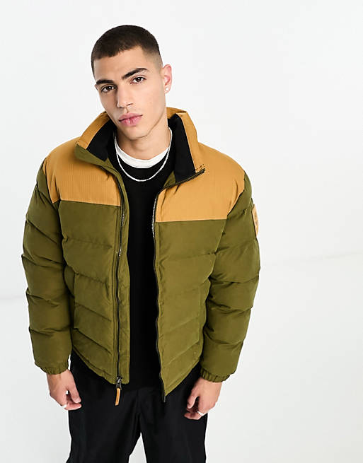 Timberland welch mountain puffer jacket in green with wheat yolk ...