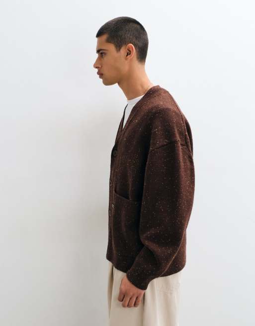Timberland Wool blend speckle yarn cardigan in chicory coffe heather, 4 of 5
