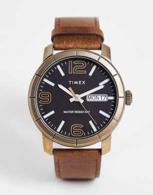 Timex black dial and brown real leather strap watch