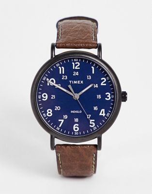 Timex blue dial and brown real leather strap watch