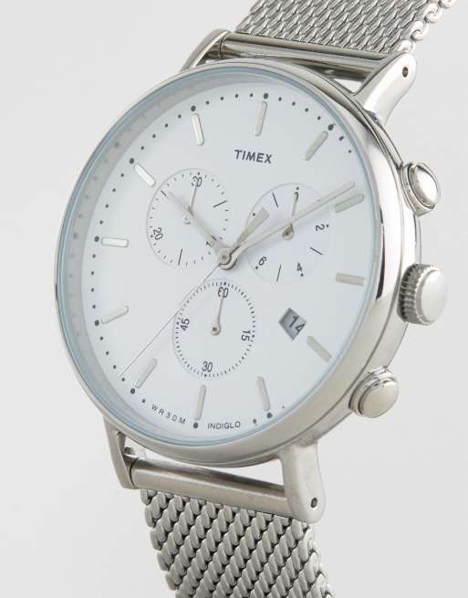 Timex Fairfield chronograph 41mm mesh watch in silver | ASOS