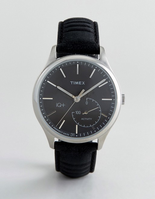 Timex IQ Leather Hybrid Smart Watch In Black