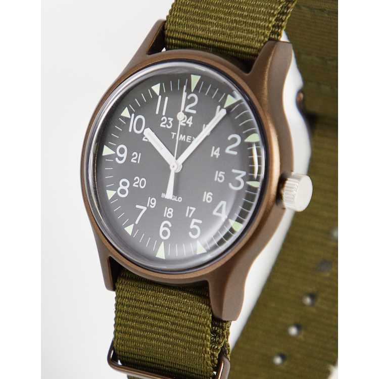 Timex real leather strap watch in olive ASOS