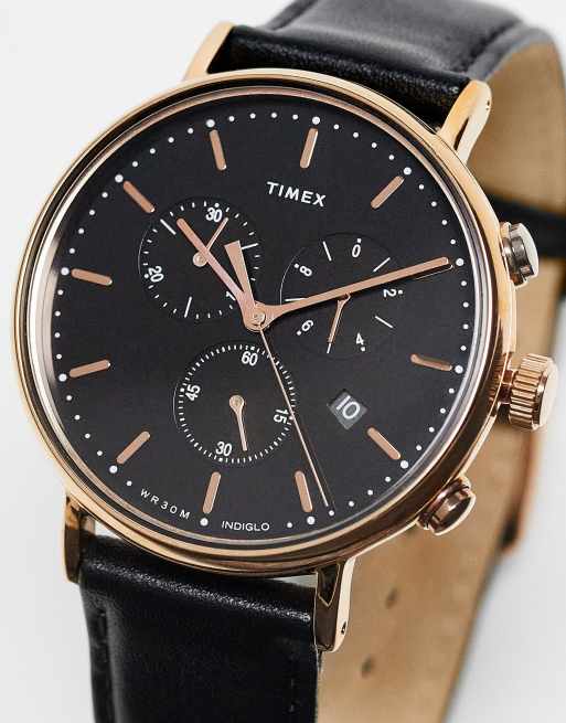 Timex Waterbury leather strap watch in black ASOS