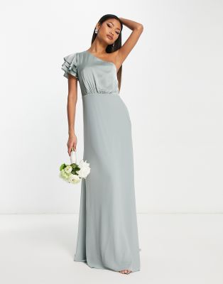 TFNC TNFC Bridesmaid one shoulder maxi dress in sage green