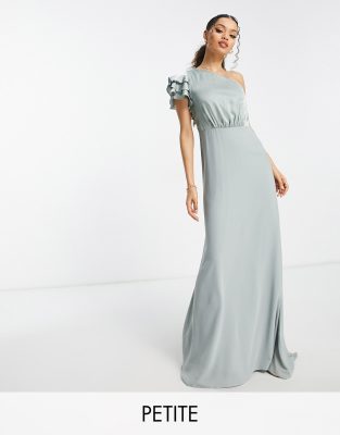 TNFC Petite Bridesmaid ruffle shoulder maxi dress in sage green