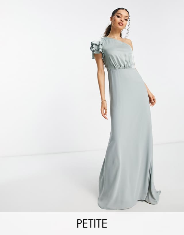 TNFC Petite Bridesmaid ruffle shoulder maxi dress in sage green