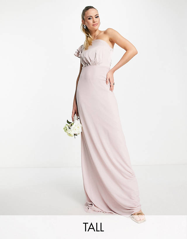 TFNC Tall - TNFC Tall Bridesmaid ruffle shoulder maxi dress in mink pink