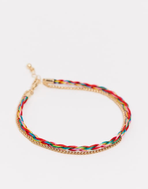 Tobillera dorada de varias hileras con cadena fina e hilo trenzado de ASOS DESIGN