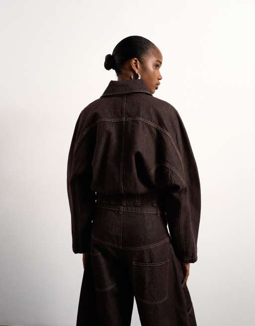 Tolu Coker x Topshop barrel denim jacket circular design in brown rinse, 4 of 4